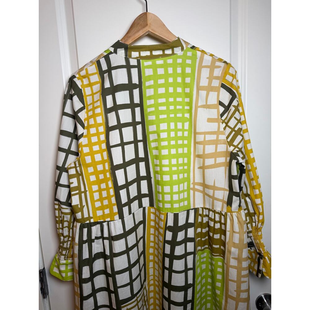 NOEN Boho Geometric Grid Print Tunic Dress with Smocked Cuffs Size 8 - Picture 5 of 8